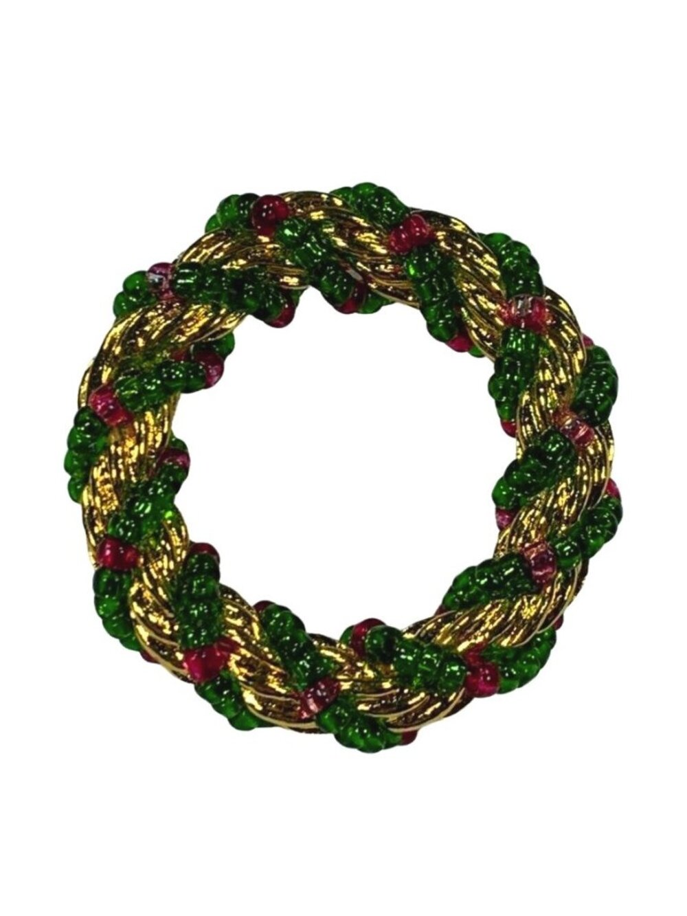 Vintage Christmas Wreath Brooch Gold-Tone Braided Beads Green Red Holiday Pin